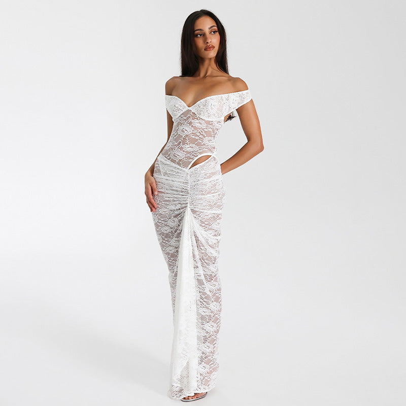 Damen Elegantes Spitzen-Maxi-Kleid mit schulterfreiem Design und Rüschendetails EB