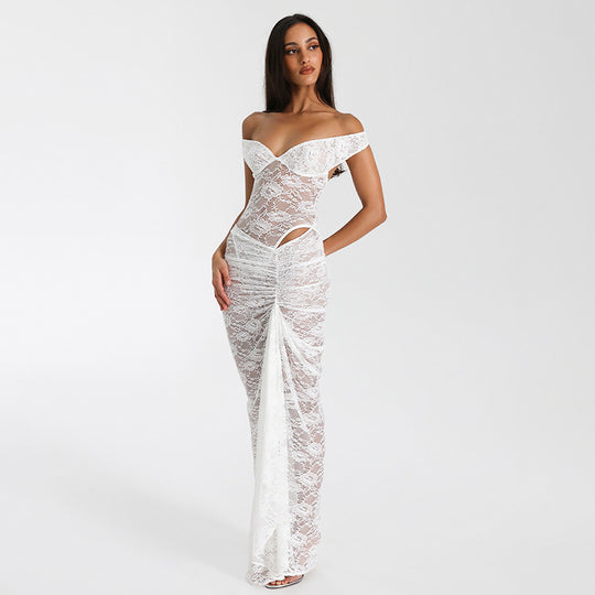 Damen Elegantes Spitzen-Maxi-Kleid mit schulterfreiem Design und Rüschendetails EB