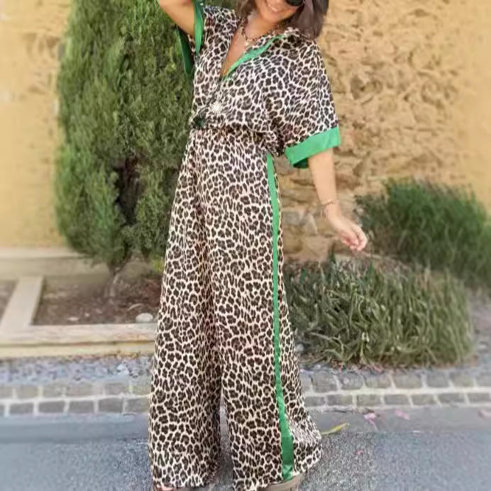 Damen eleganter Leoprint-Jumpsuit mit weiten Beinen und lockerer Passform EB