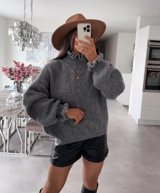 Damen kuscheliger Rollkragenpullover mit weiten Ärmeln und strukturellem Design EB
