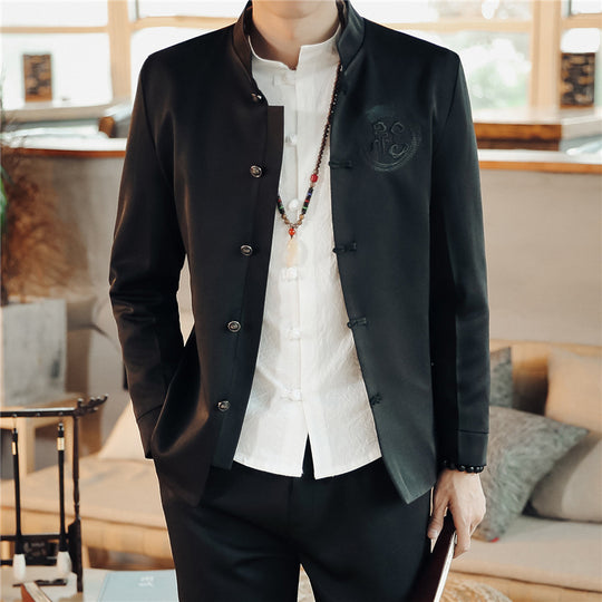 Herren nan asiatisch inspirierte Mandarinjacke mit Stehkragen, Knotenknopfleiste und tonalem Stick-Emblem EB