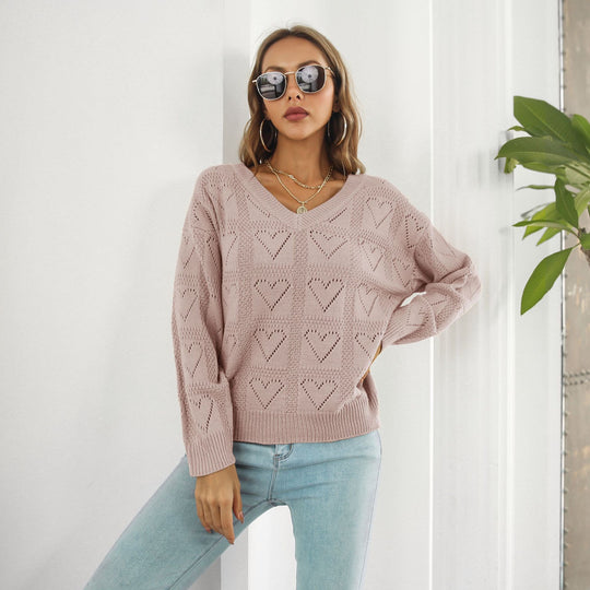 Damen Strickpullover mit Herzmuster und V-Ausschnitt EB