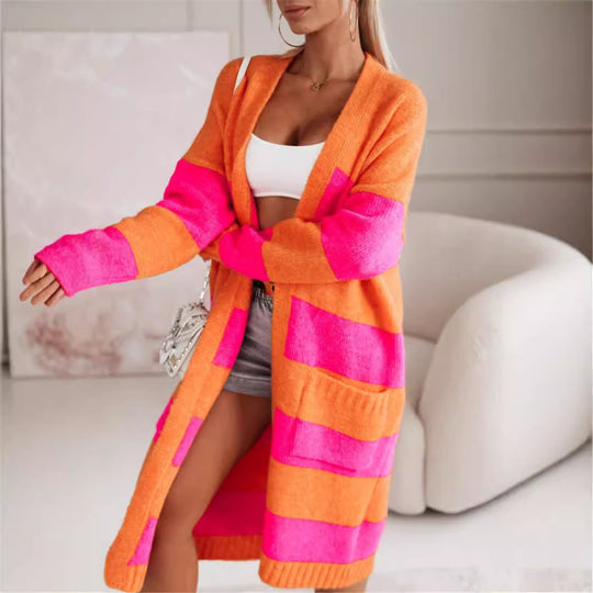Damen lässiger Strickmantel mit großen Streifen EB