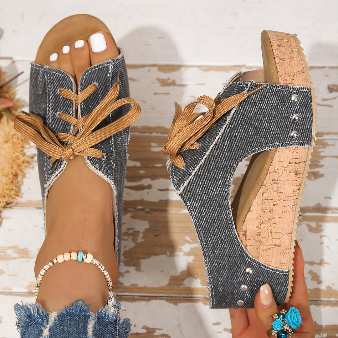 Damen Wedge-Sandalen mit dekorativem Schnürung und Korksohle EB