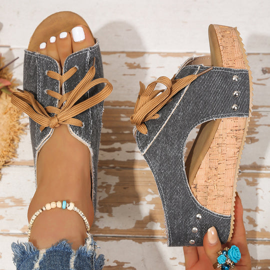 Damen Wedge-Sandalen mit dekorativem Schnürung und Korksohle EB