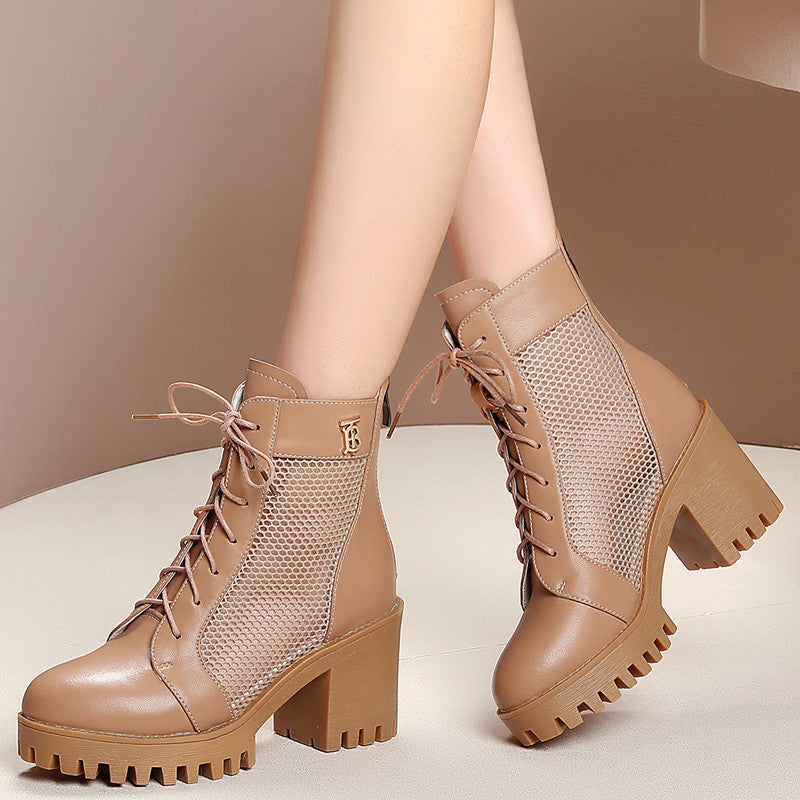 Damen Schnürstiefeletten mit elegantem Mesh-Einsatz und robustem Blockabsatz EB