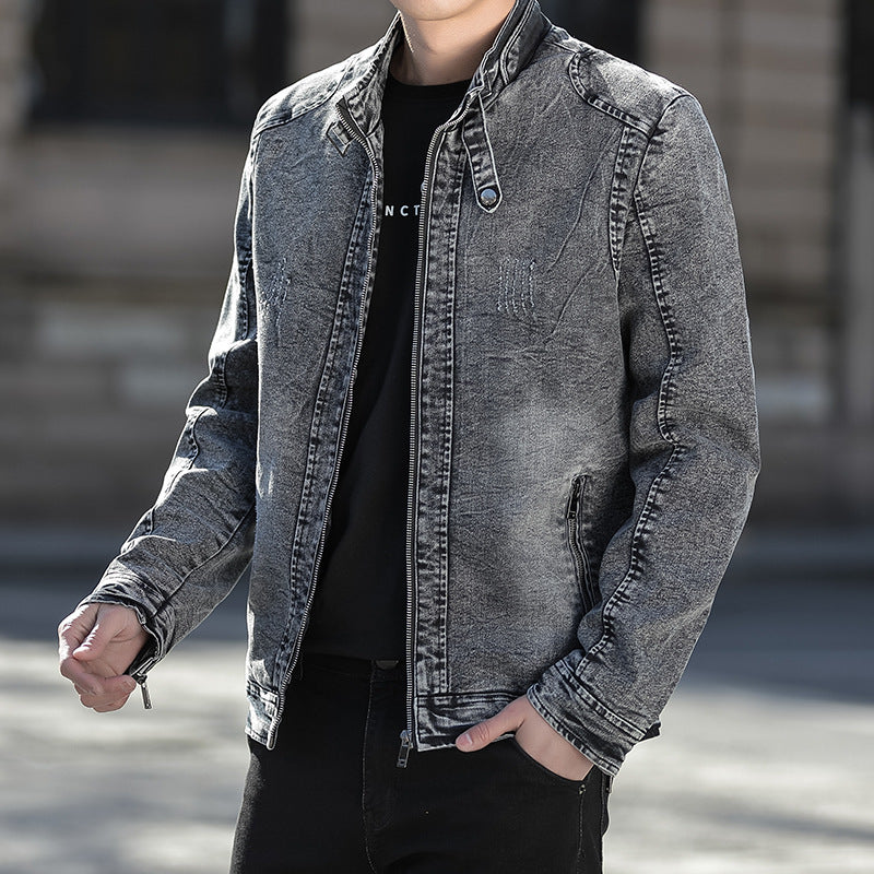 Herren Jeansjacke im Vintage-Washed Slim-Fit mit Stehkragen und Reißverschluss EB