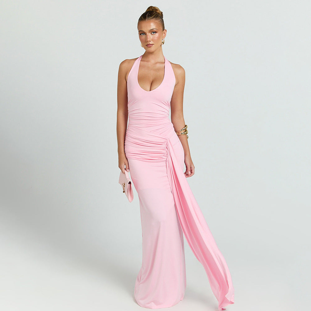 Damen Maxikleid mit tiefem Ausschnitt und Raffungen EB