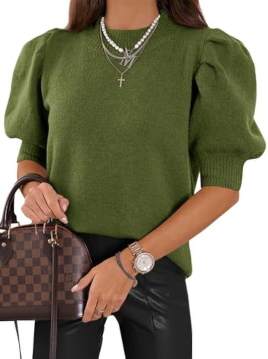 Damen Kurzgeschnitteter Feinstrickpullover mit Puffärmeln und Rippbündchen EB