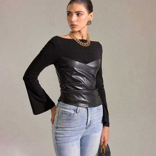 Damen Oberteil mit ausgefallenem Wickeldesign und eleganten Trompetenärmeln EB