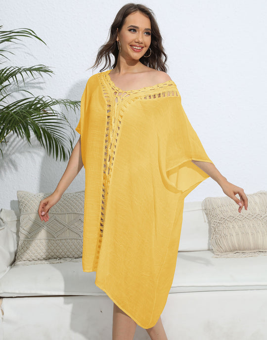 Damen luftiger Kaftan mit filigranem Häkelmuster EB