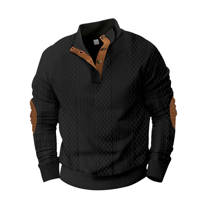 Herren nan strukturierter Henley-Pullover mit Stehkragen, Knopfleiste und Lederoptik-Ellbogenbesatz EB
