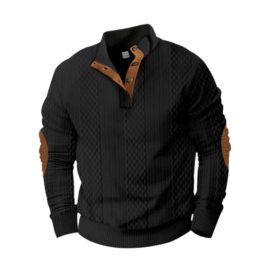 Herren nan strukturierter Henley-Pullover mit Stehkragen, Knopfleiste und Lederoptik-Ellbogenbesatz EB