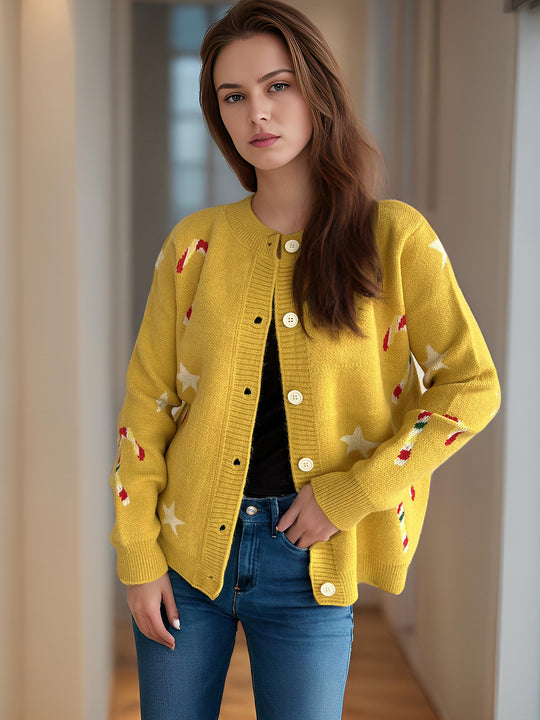 Damen Strickjacke mit festlichem Motiv und dekorativen Knöpfen EB
