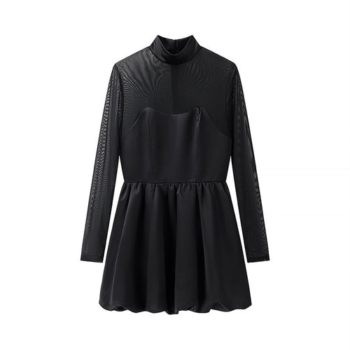 Damen elegantes Minikleid mit transparenten Ärmeln und hohem Kragen EB