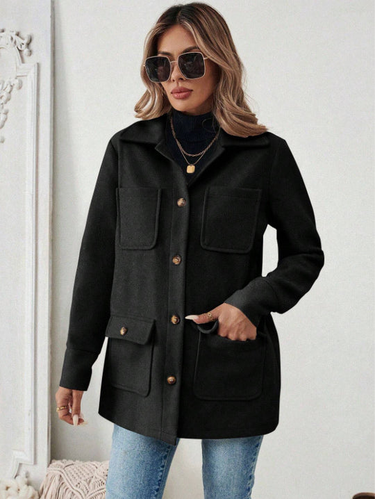 Damen Modische Utility-Jacke mit großen Taschen und goldenem Druck EB