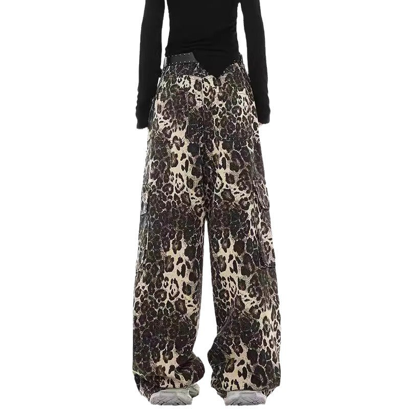Damen Weite Cargohose im modischen Leopardenmuster mit praktischen Taschen und hohem Bund EB
