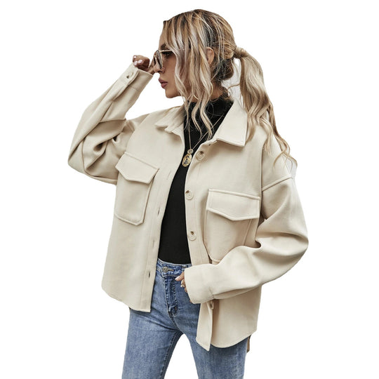 Damen elegante Oversized Jacke mit aufgesetzten Taschen und modischem Kragen EB