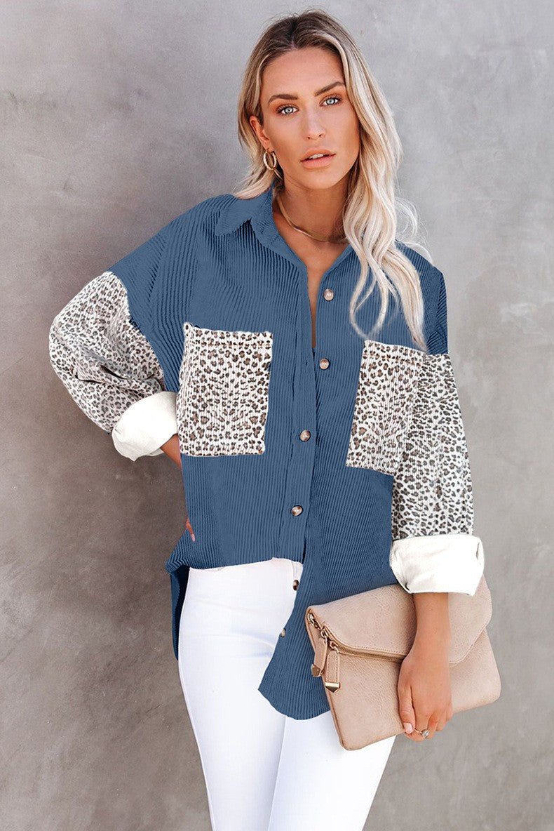 Damen nan oversized Hemdbluse mit Strukturstoff, Kontrastärmeln im Leo-Print und aufgesetzten Taschen EB
