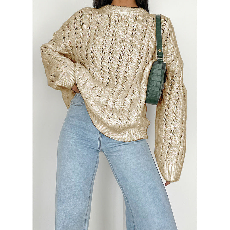 Damen grob gestrickter Pullover mit Zopfmuster und weitem Schnitt EB