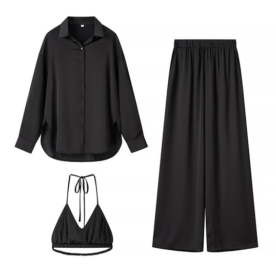 Damen Set aus eleganter Bluse, bequemen Palazzo-Hosen und modischem Bralette EB