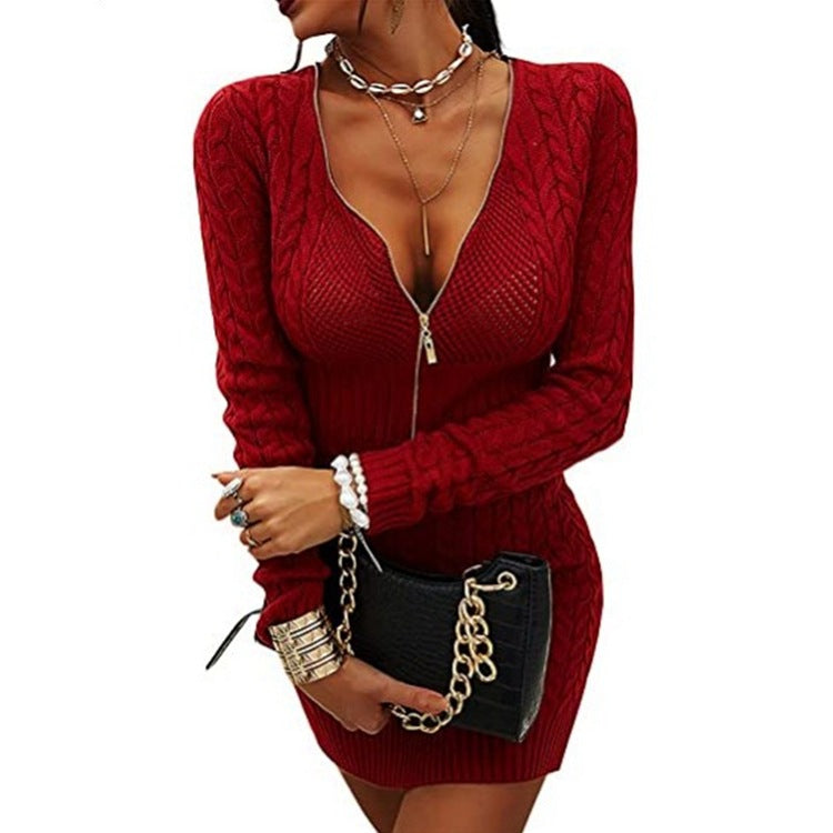 Damen Strickkleid mit tiefem V-Ausschnitt und Reißverschluss EB