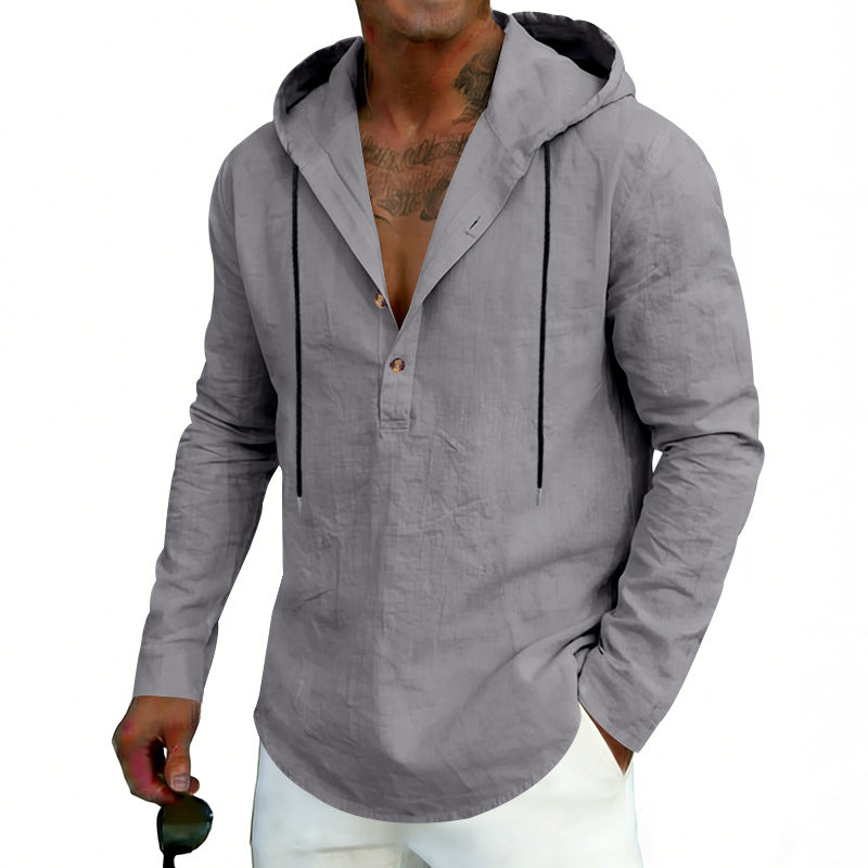 Herren nan Leinen-Henley-Kapuzenhemd mit kurzer Knopfleiste, Kapuze und relaxtem Schnitt EB