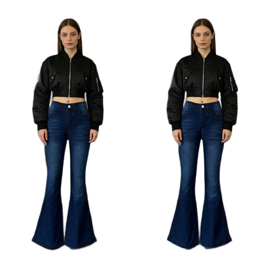Damen nan High‑Waist Schlagjeans mit modellierender Hüftform, verstärkten Beinnähten und extra weitem Trompetenbein EB