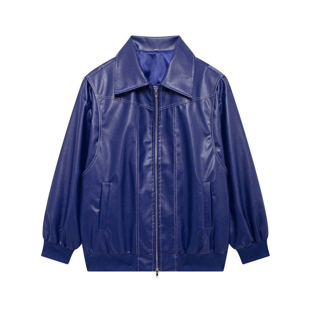 Damen Elegante Kunstlederjacke mit hochstehendem Kragen und elastischen Bündchen EB