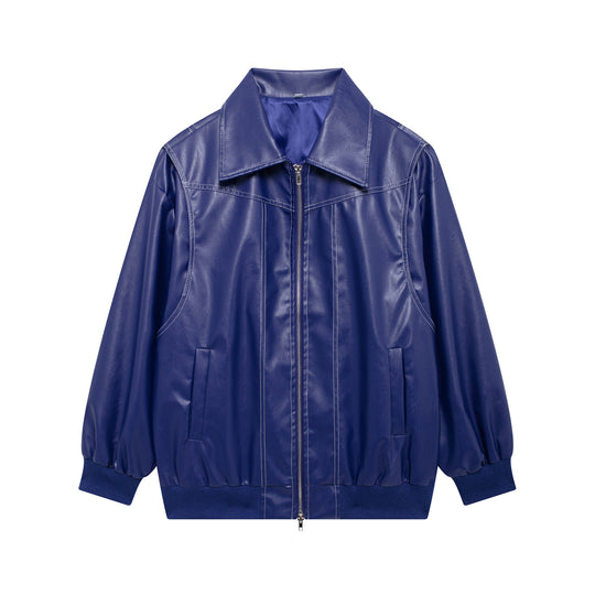 Damen Elegante Kunstlederjacke mit hochstehendem Kragen und elastischen Bündchen EB