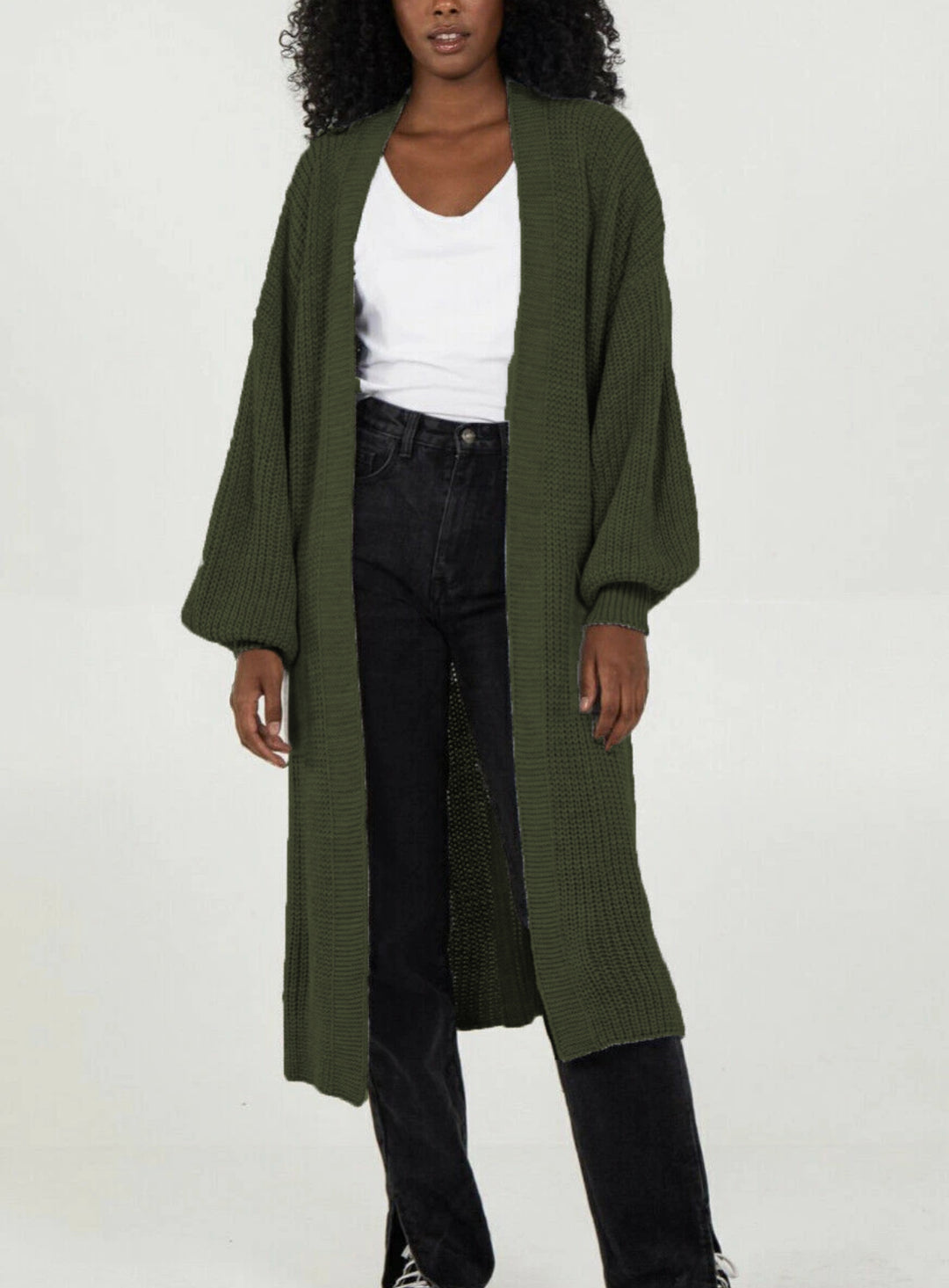 Damen Langer Strickcardigan mit voluminösen Ärmeln und offenem Schnitt EB