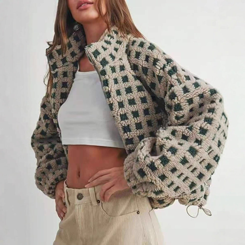 Damen kuschelige Fleecejacke im modernen Karodesign EB