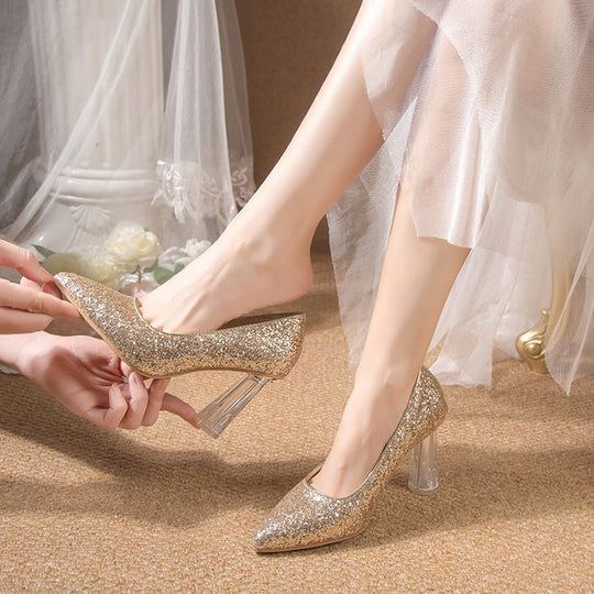 Damen Glitzernde High Heels mit transparentem Blockabsatz EB