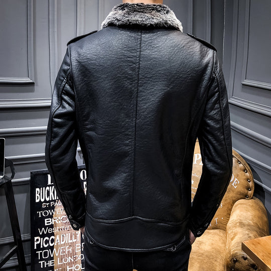 Herren Biker-Lederjacke mit Kunstfellkragen und militärischen Abzeichen EB