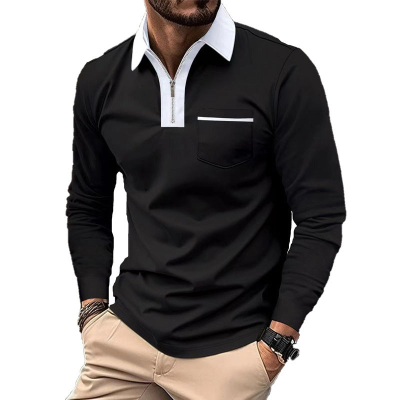Herren nan elegantes Langarm-Poloshirt mit markantem Stehkragen Metall-Kurzreißverschluss und Brustleistentasche EB