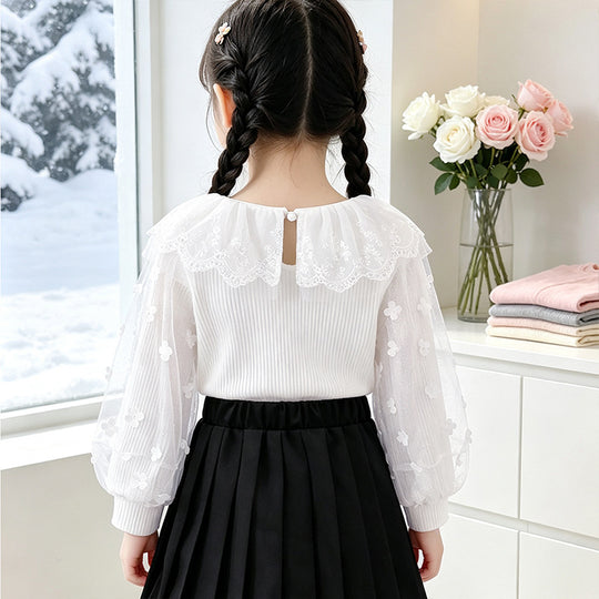 Mädchen Bluse mit floralen Spitzenärmeln und Rüschenbesatz EB