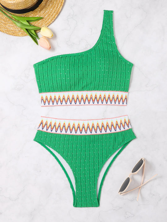 Damen Einseitiger Crop-Bikini mit buntem Jacquardband EB