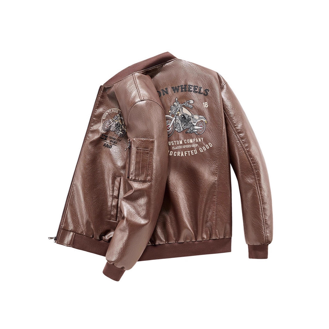 Herren Biker Lederimitat Bomberjacke mit Stickpatches und Ärmeltasche EB
