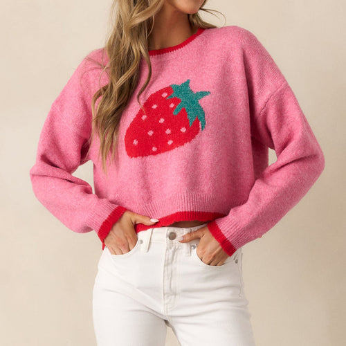 Damen trendiger Pullover mit Erdbeer-Motiv und Kontrastbündchen EB