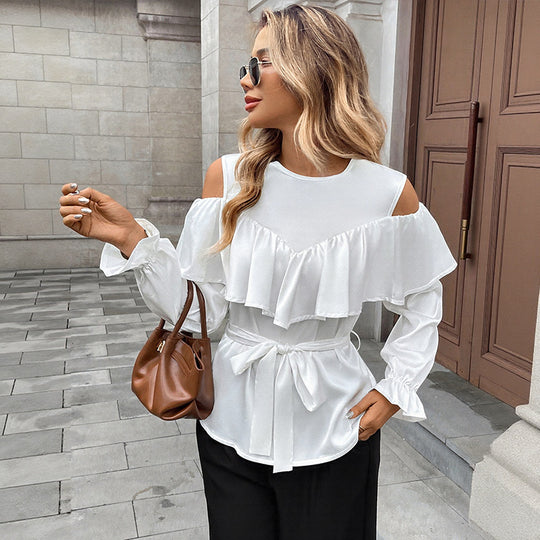 Damen Elegant-Volant-Bluse mit Cut-Out-Schulter und Bindegürtel EB