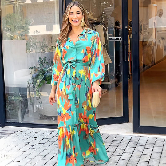 Damen Maxikleid mit floralen Akzenten und elegantem Gürtel EB