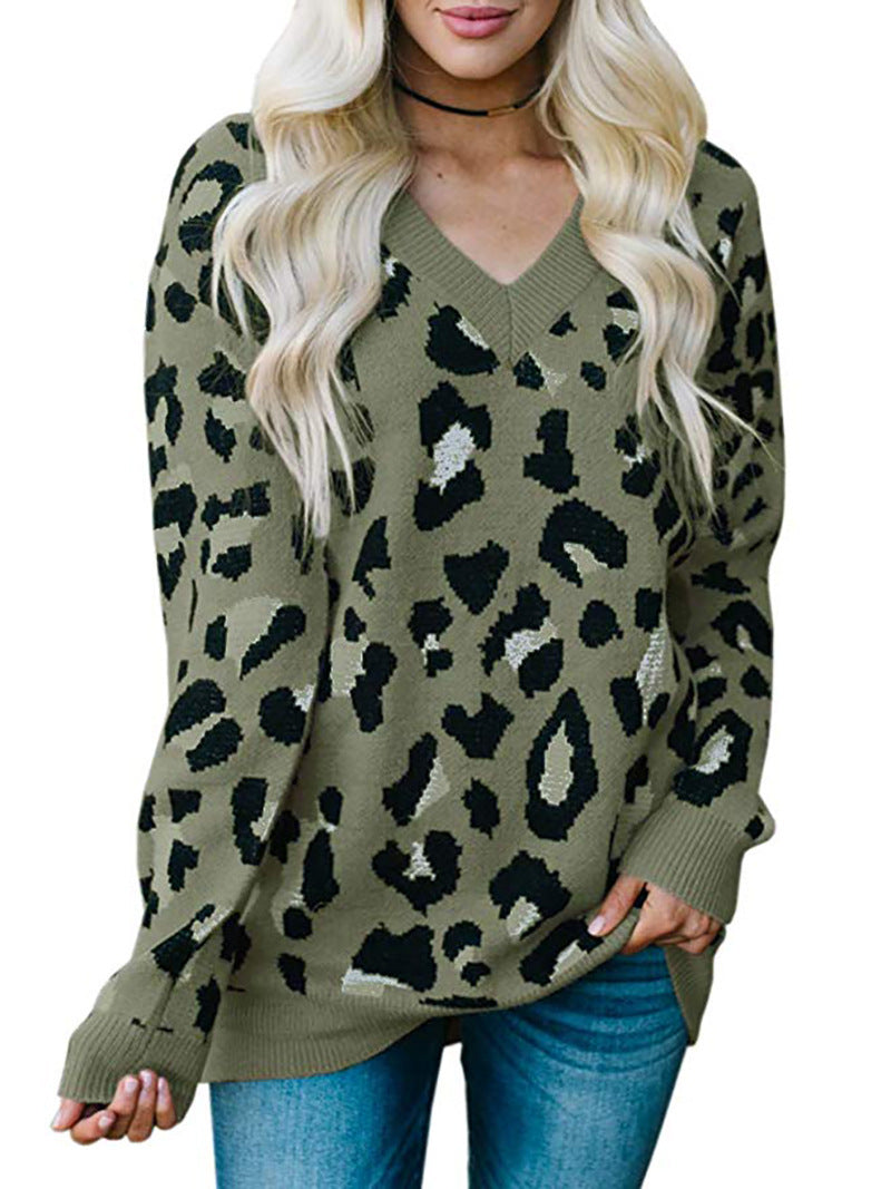 Damen Pullover mit Leopardenmuster und V-Ausschnitt EB