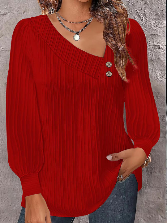 Damen Plissiertes Oberteil mit asymmetrischem Kragen und eleganten Knopfdetails EB