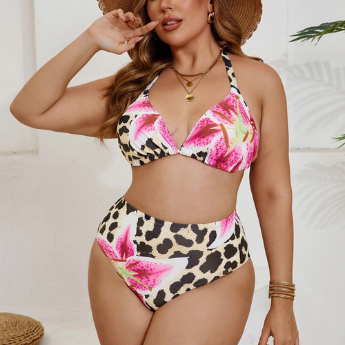 Damen Hochgeschnittener Bikini mit Blumen- und Tierdruck EB