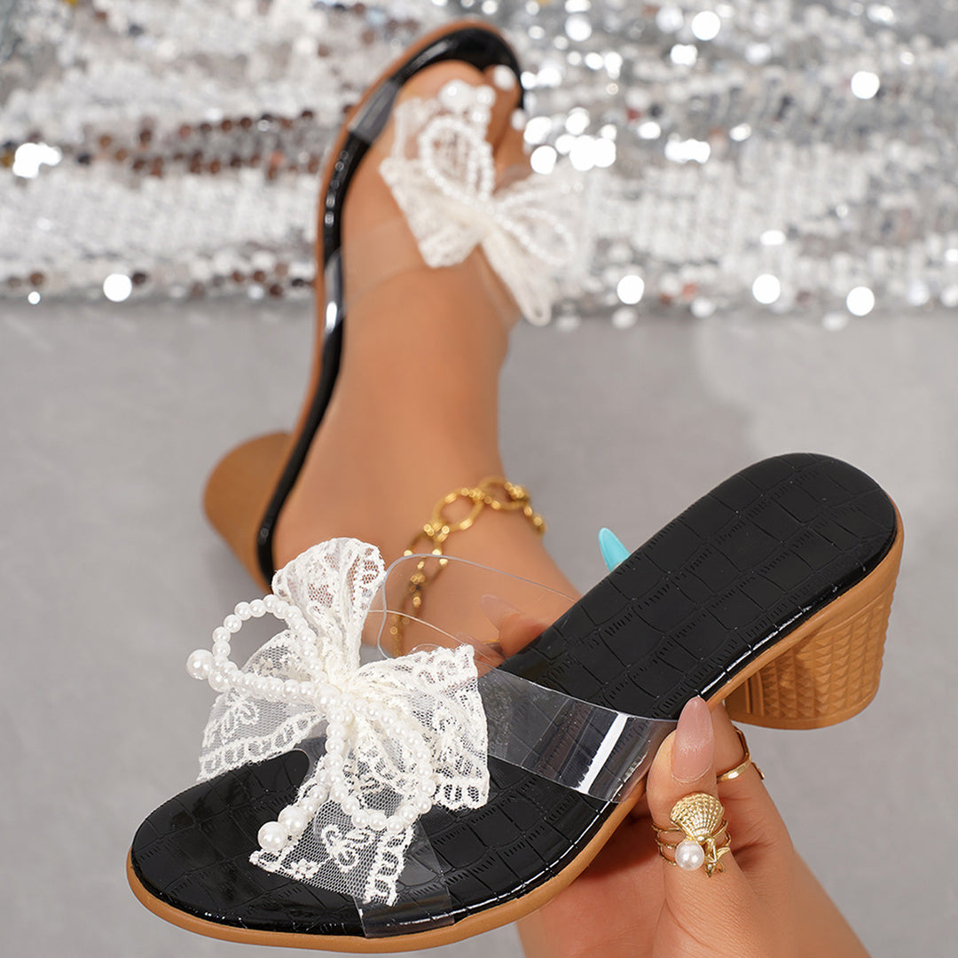 Damen Transparentes Flip-Flop mit eleganter Schleifen-Applikation und Blockabsatz EB