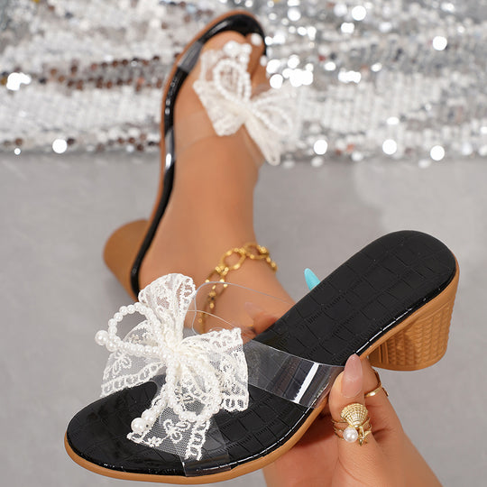 Damen Transparentes Flip-Flop mit eleganter Schleifen-Applikation und Blockabsatz EB