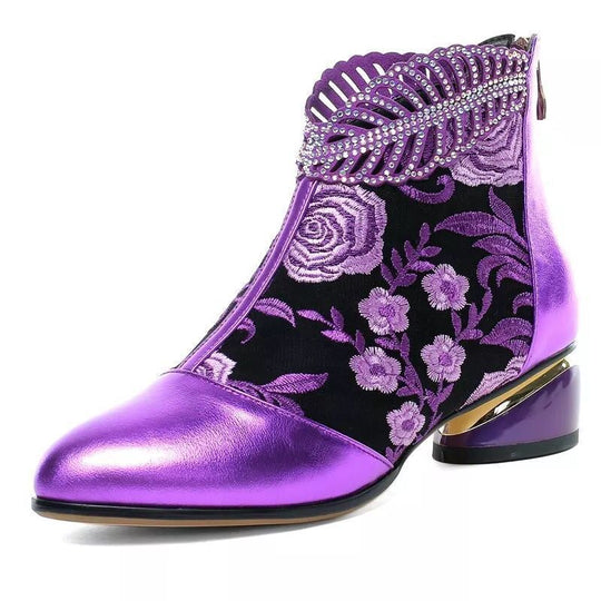 Damen nan bestickte Ankle-Boots mit Samteinsatz Perlenbesatz und skulptiertem Blockabsatz EB