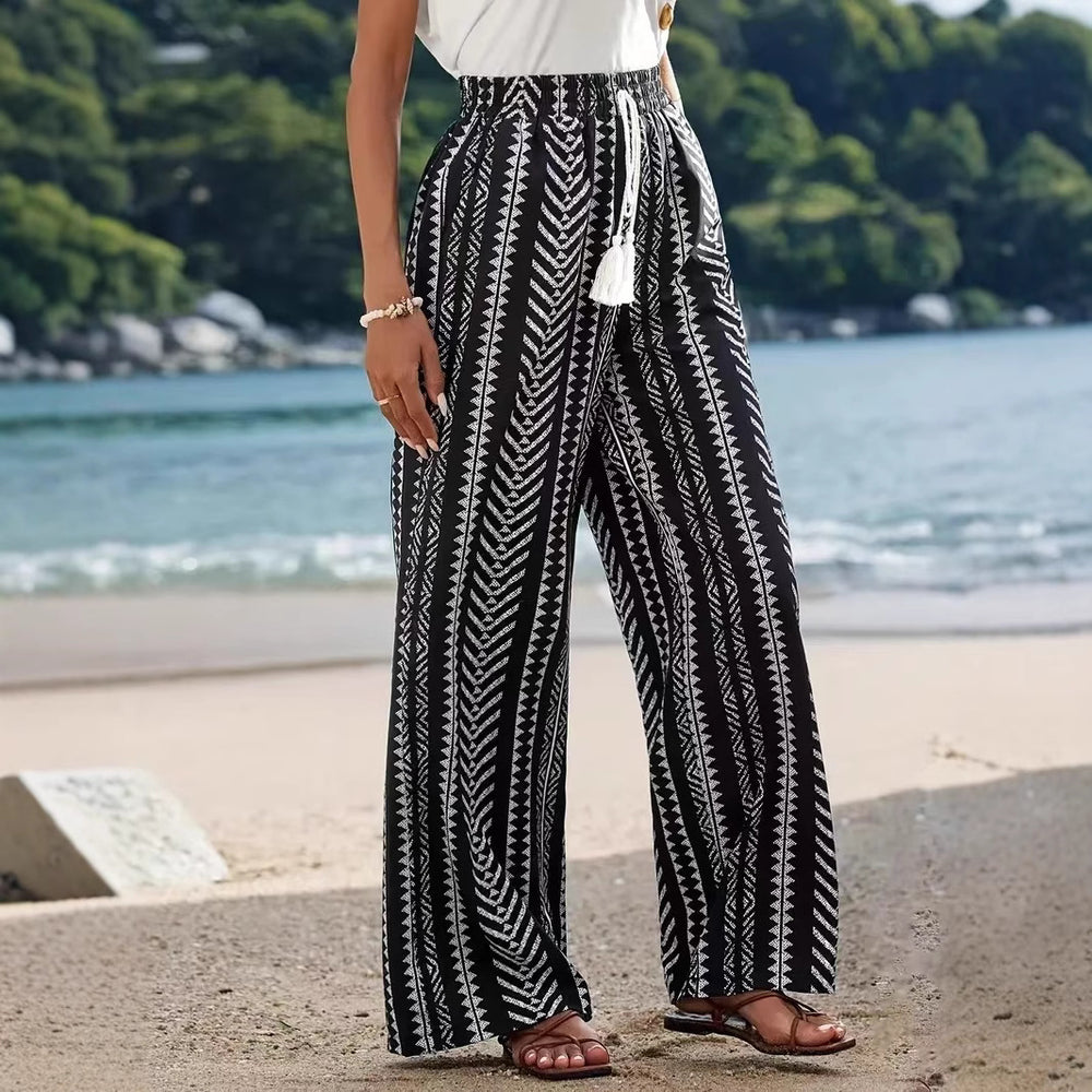 Damen breite Palazzohose mit elastischem Bund und modischem Muster EB