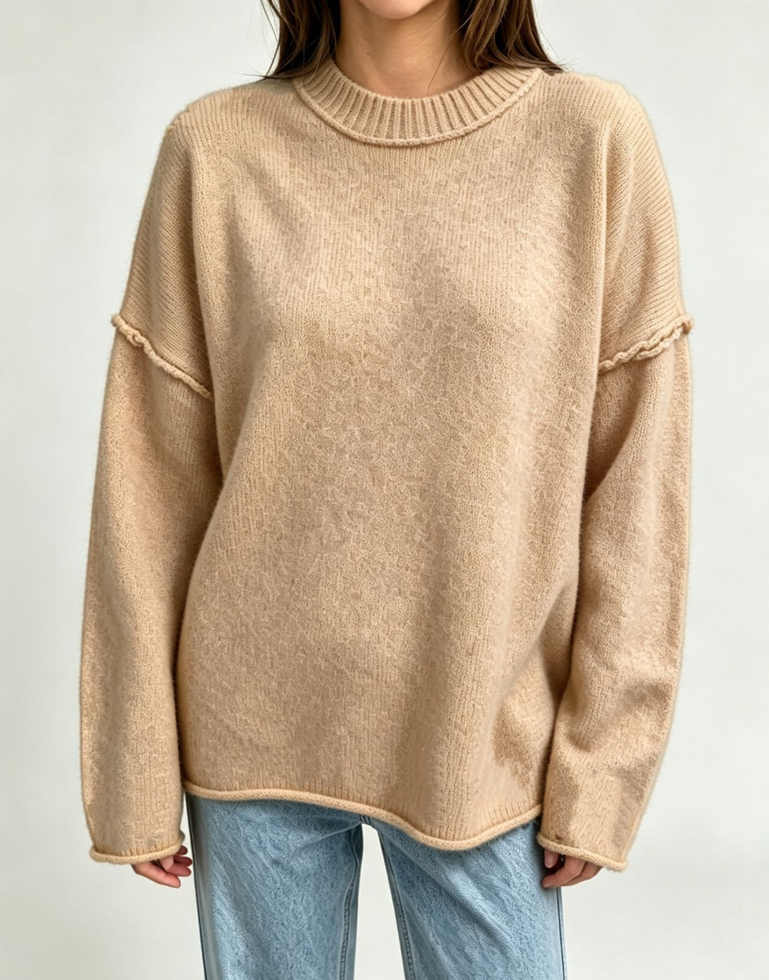 Damen Oversize-Boxy-Pullover mit kurzem Stehkragen und dekorativer Kantennaht EB