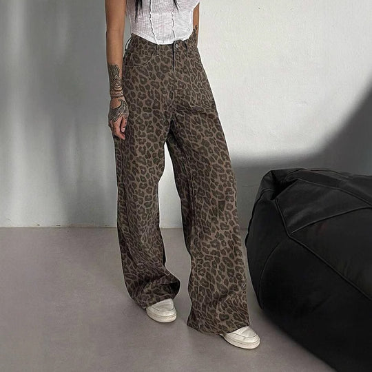 Damen Weit geschnittene Leoparden-Jeans im lässigen Stil EB